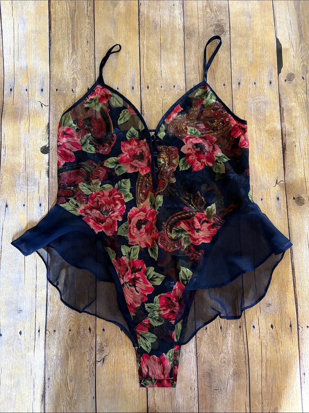 Vintage VS Gold label Floral Sheer Ruffle Bodysuit